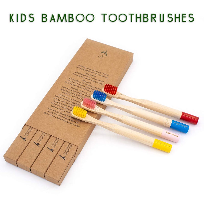 Virgin Forest Kids Bamboo Toothbrushes, Child Size Soft BPA Free Colored Safe Bristles (4 Pack) - Image 3